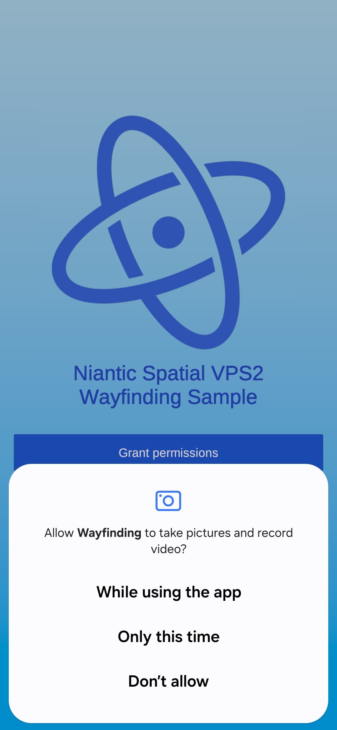 Wayfinding start screen displaying the camera permission request